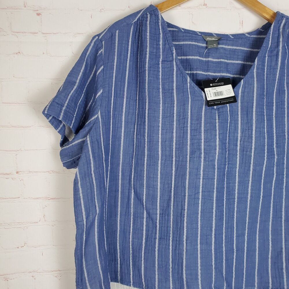 Eddie Bauer Carry On Shirred Short Sleeve Shirt XL Bluebird Boxy Relaxed Fit NEW - Picture 7 of 14